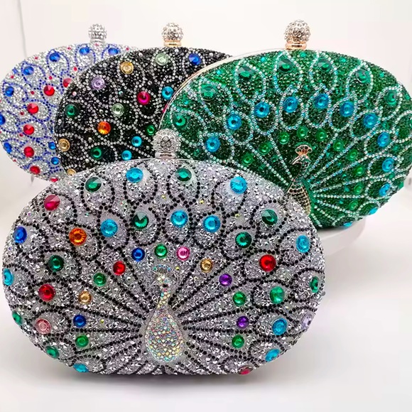 Cover Photo Silver Multi Color Crystals Peacock Curved Clutch HandBag - Picture 3 of 7